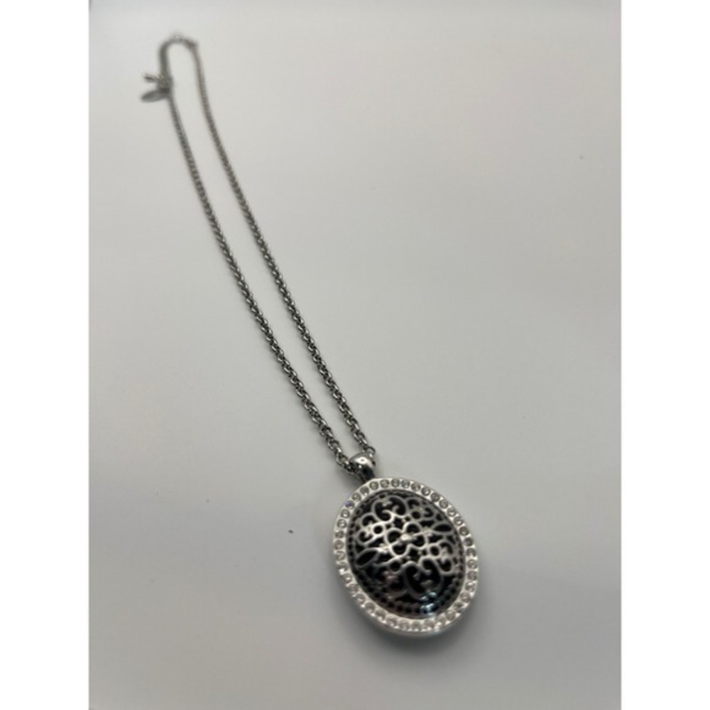 Lia Sophia Antiquity Necklace Silver Tone Filigree Rhinestone Pendant Romantic